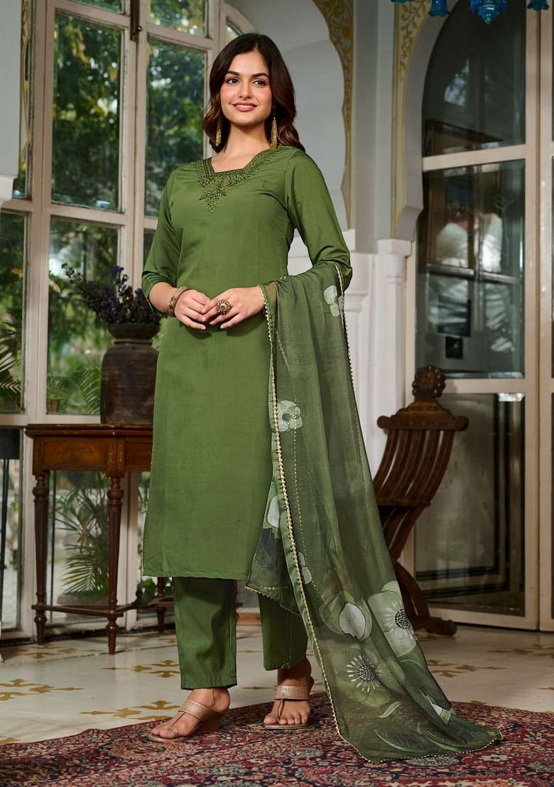 Mehendi Green Embroidery Viscose Kurta Set - Indya
