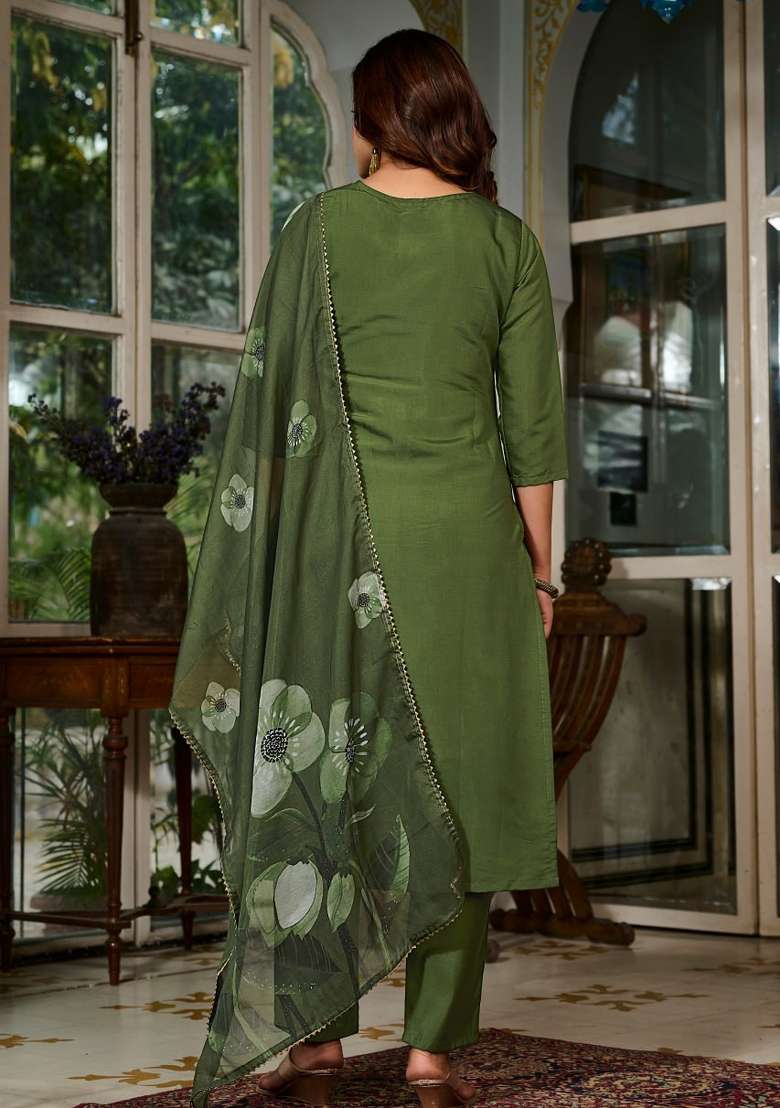 Mehendi Green Embroidery Viscose Kurta Set - Indya