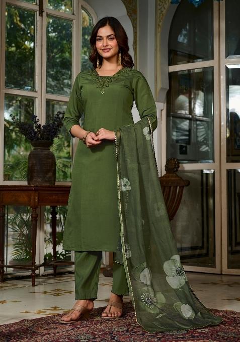 Mehendi Green Embroidery Viscose Kurta Set