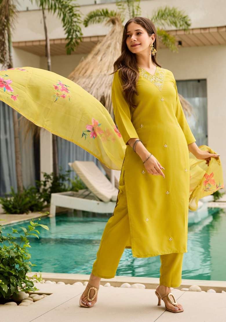 Mustard Yellow Embroidery Rayon Kurta Set - Indya