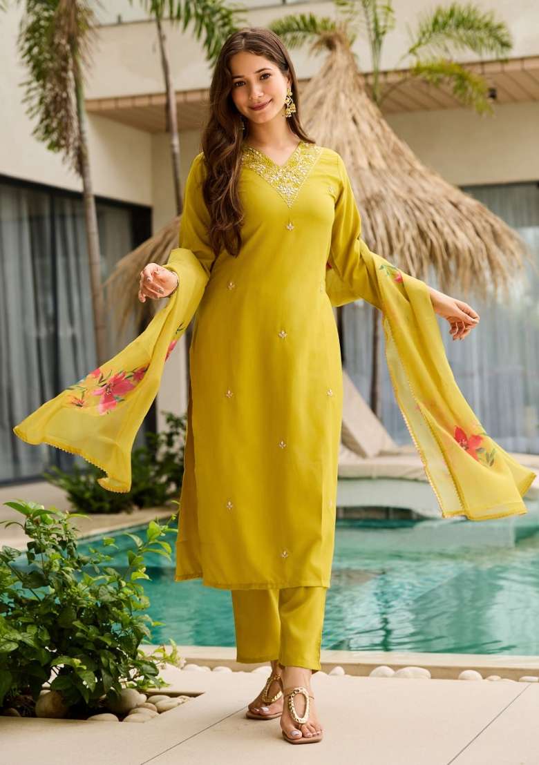 Mustard Yellow Embroidery Rayon Kurta Set - Indya