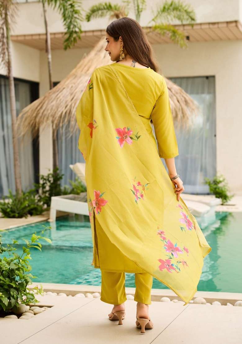 Mustard Yellow Embroidery Rayon Kurta Set - Indya