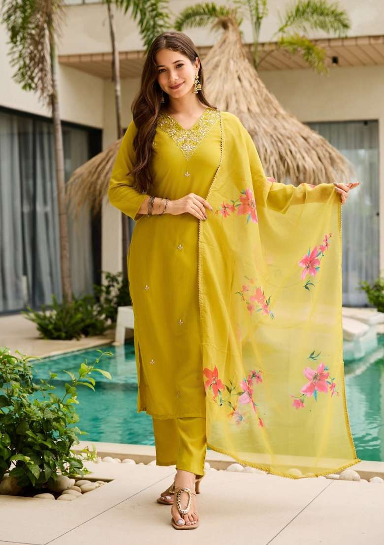 Mustard Yellow Embroidery Rayon Kurta Set - Indya