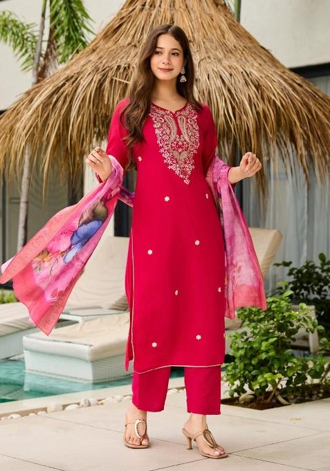 Rani Pink Embroidery Viscose Kurta Set