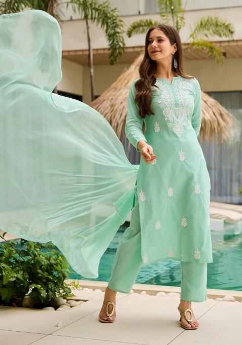 Sea Green Embroidery Cotton Kurta Set