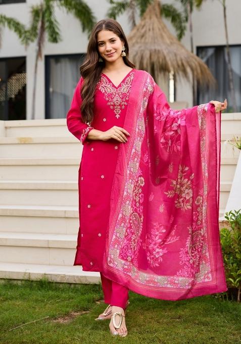 Pink Embroidery Silk Kurta Set