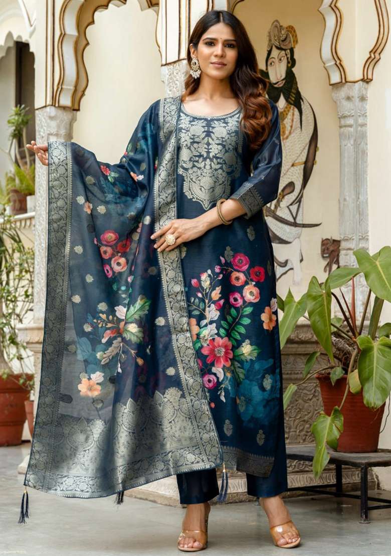 Navy Blue Printed Cotton Kurta Set - Indya