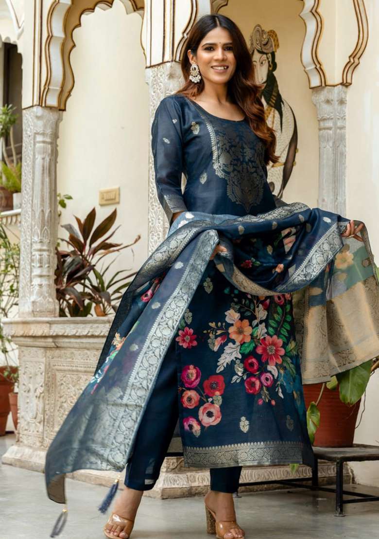 Navy Blue Printed Cotton Kurta Set - Indya