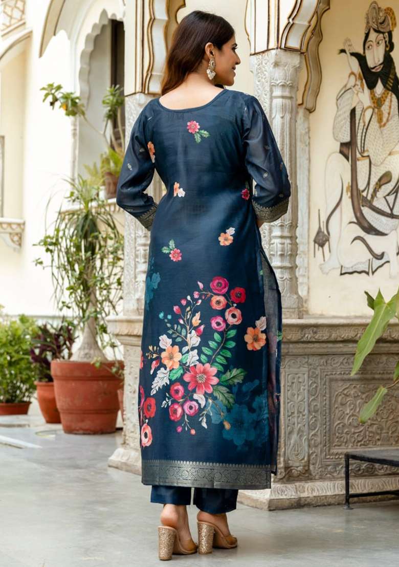 Navy Blue Printed Cotton Kurta Set - Indya