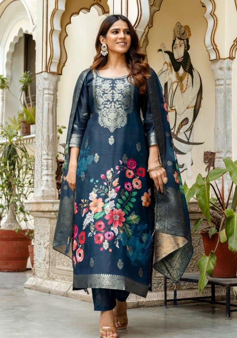 Navy Blue Printed Cotton Kurta Set - Indya