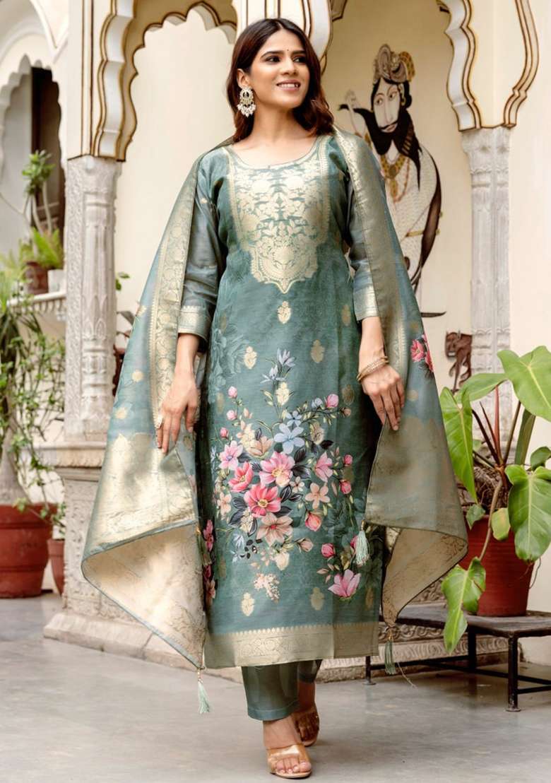 Teal Green Printed Cotton Kurta Set - Indya