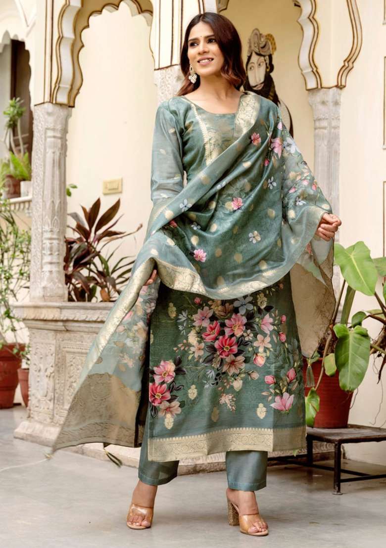 Teal Green Printed Cotton Kurta Set - Indya