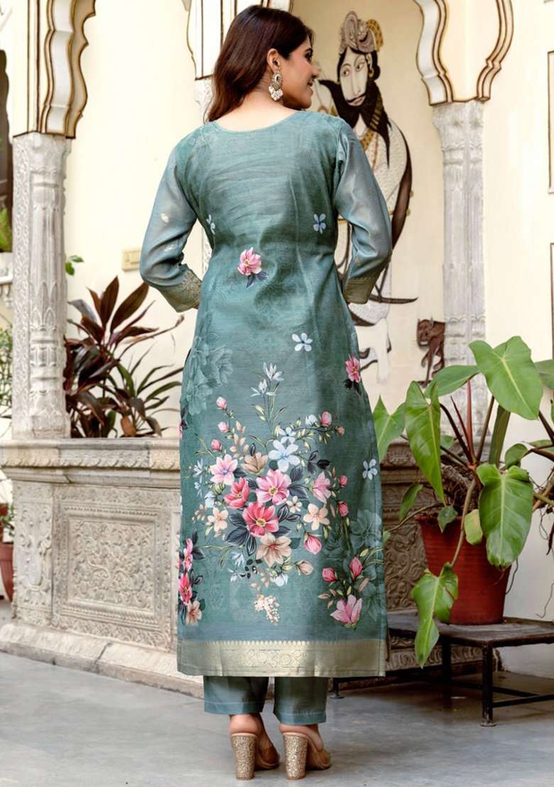Teal Green Printed Cotton Kurta Set - Indya