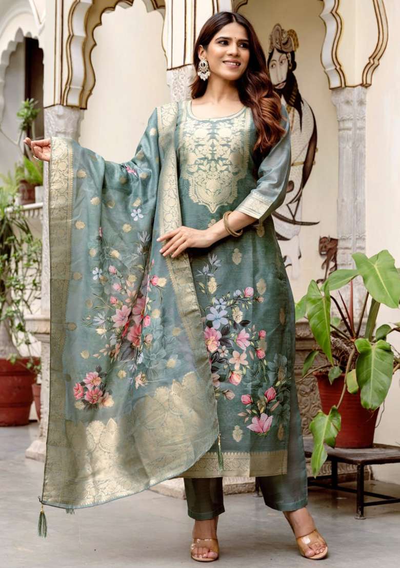 Teal Green Printed Cotton Kurta Set - Indya