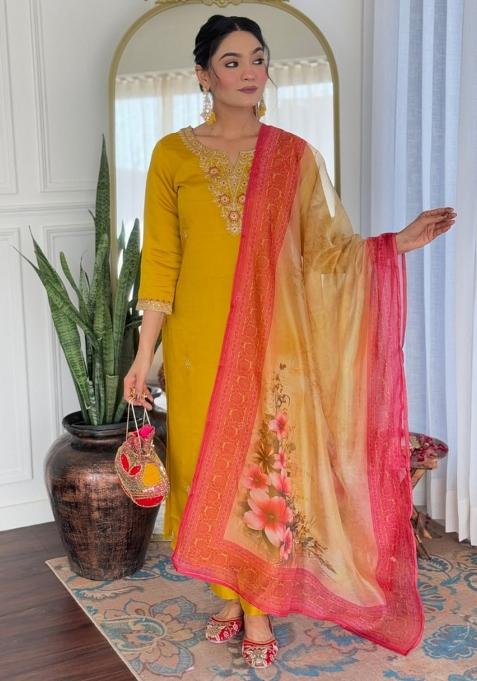 Yellow Embroidery Rayon Kurta Set