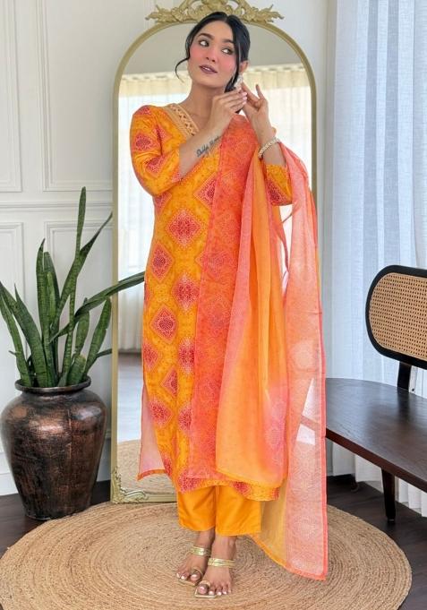 Yellow And Orange Embroidery Rayon Kurta Set