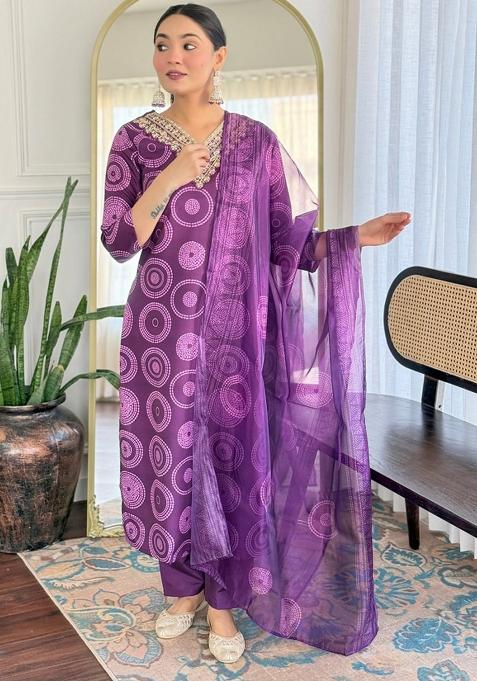 Purple Embroidery Rayon Kurta Set