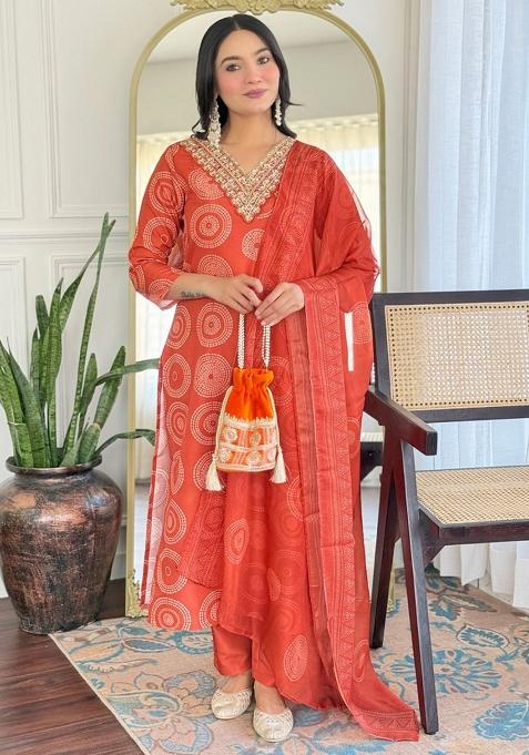 Orange Embroidery Rayon Kurta Set