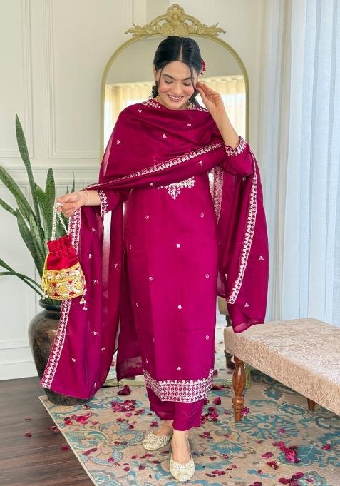 Maroon Embroidery Silk Kurta Set