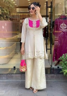 Cream And Pink. Embroidery Silk Kurta Set