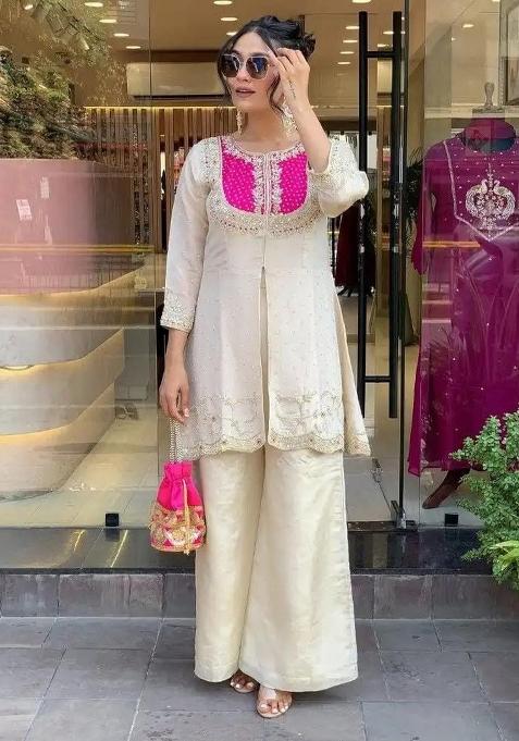 Cream And Pink. Embroidery Silk Kurta Set