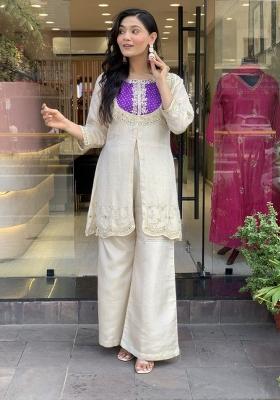 Purple And Cream Off White Embroidery Silk Kurta Set