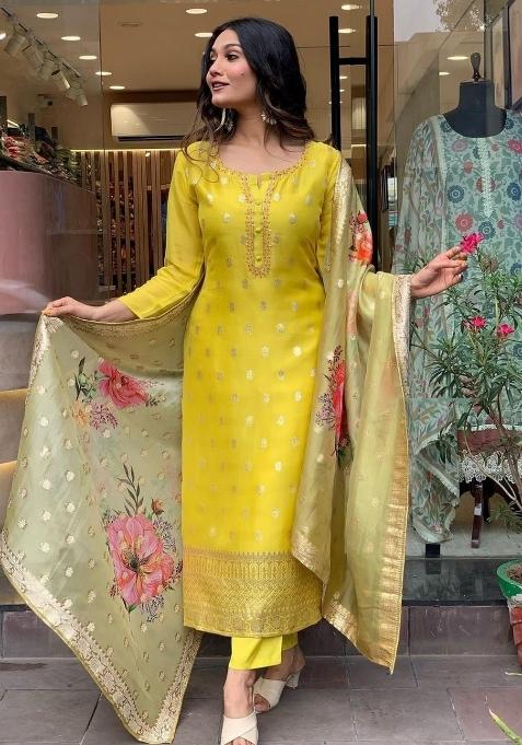 Yellow Embroidery Viscose Kurta Set