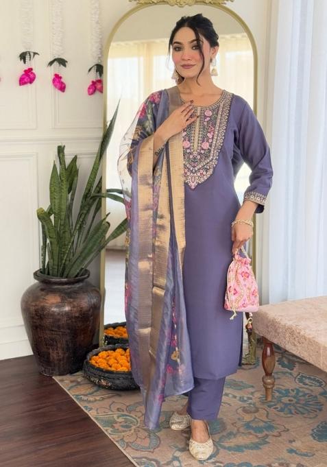Dusty Purple Embroidery Silk Kurta Set