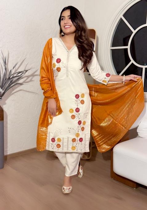 Off White Embroidery Silk Kurta Set