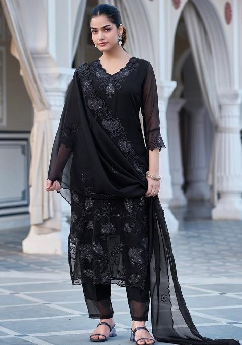 Black Embroidery Georgette Kurta Set