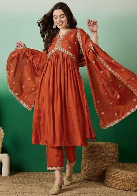 Orange Embroidery Silk Kurta Set