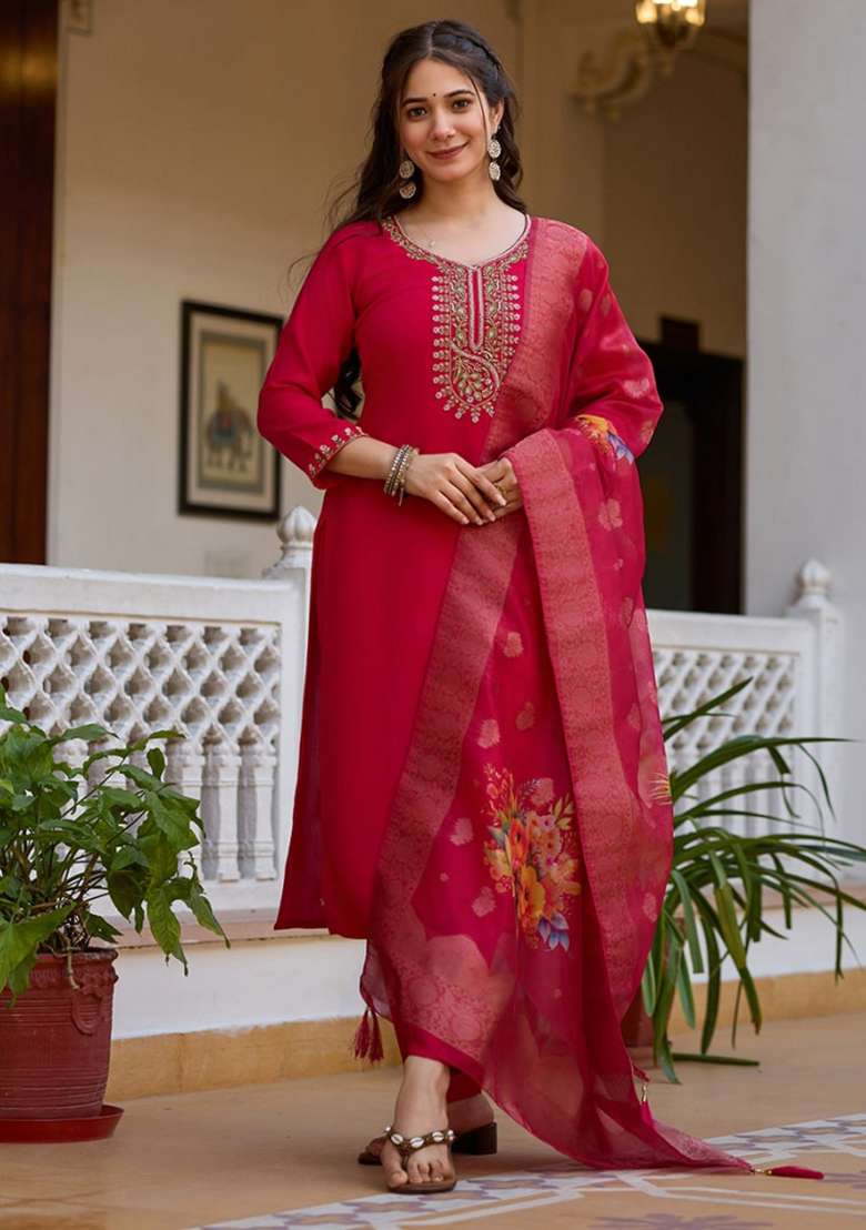 Rani Pink Embroidery Viscose Kurta Set - Indya