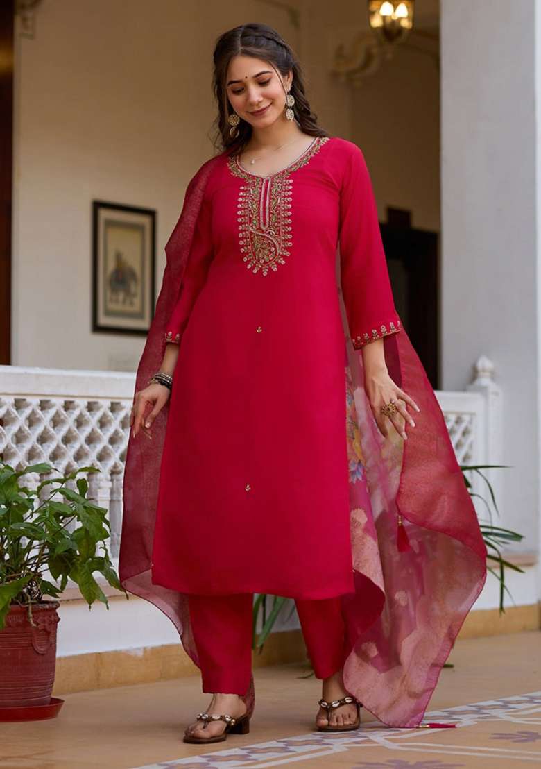 Rani Pink Embroidery Viscose Kurta Set - Indya