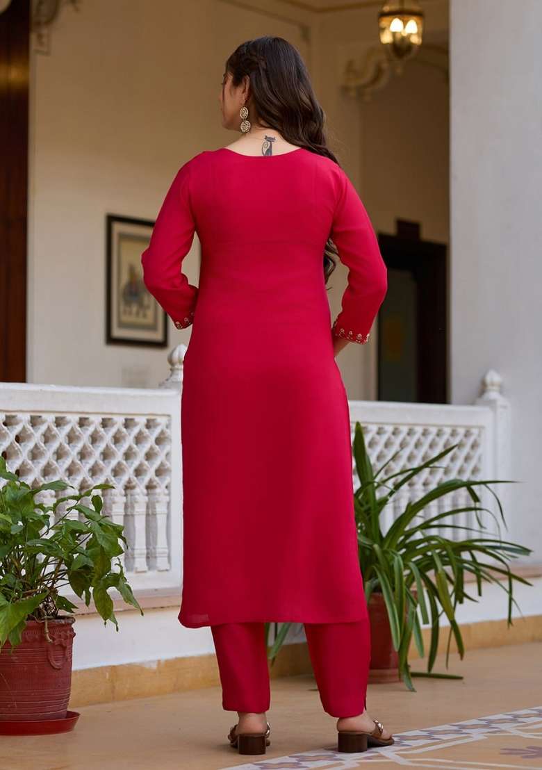 Rani Pink Embroidery Viscose Kurta Set - Indya