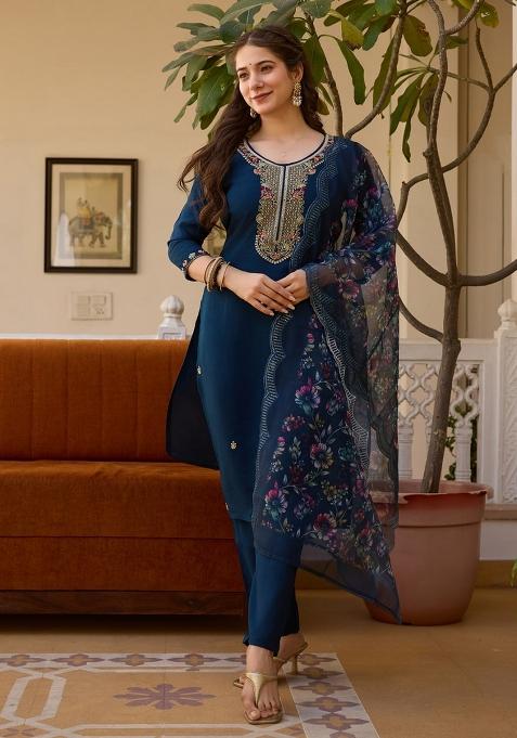 Navy Blue Embroidery Viscose Kurta Set