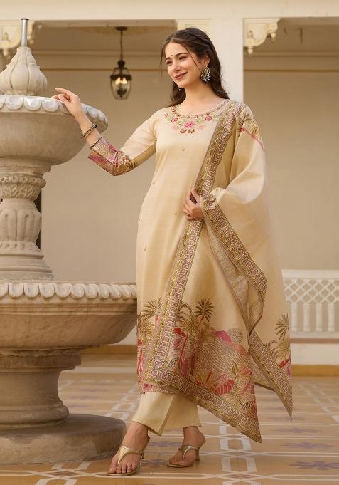 Beige Embroidery Viscose Kurta Set