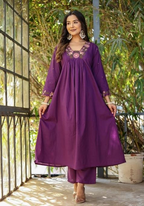 Purple Embroidery Rayon Kurta Set