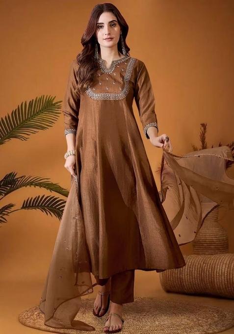 Camel Brown Embroidery Silk Kurta Set