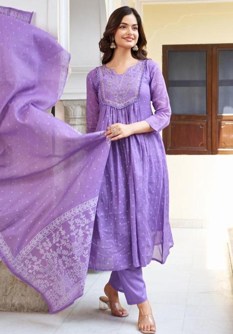 Dark Lavender Embroidery Cotton Kurta Set