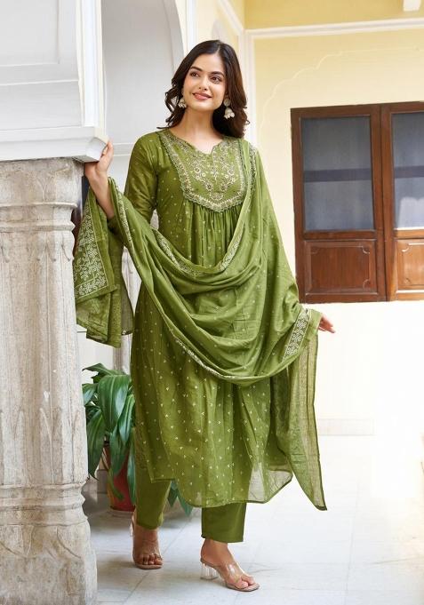 Army Green Embroidery Cotton Kurta Set
