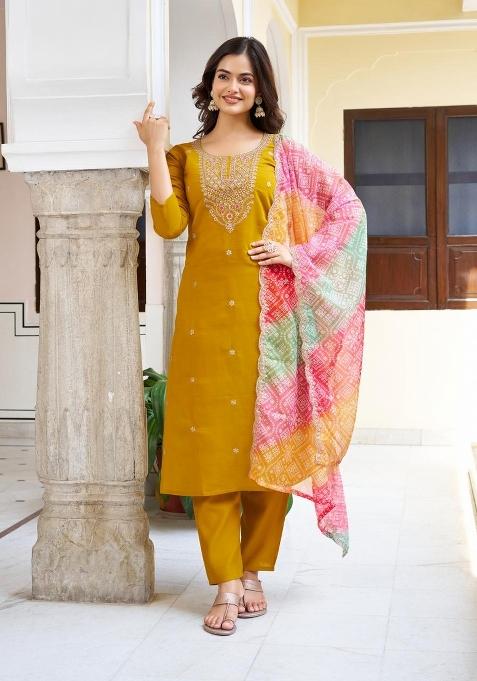 Goldenrod Embroidery Viscose Kurta Set