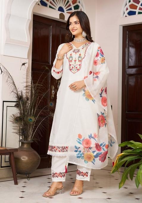 White Embroidery Silk Kurta Set