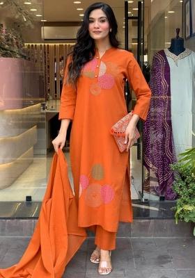 Orange Embroidery Rayon Kurti Set 