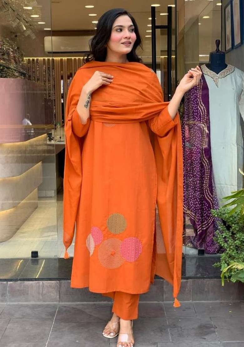 Orange Embroidery Rayon Kurti Set  - Indya