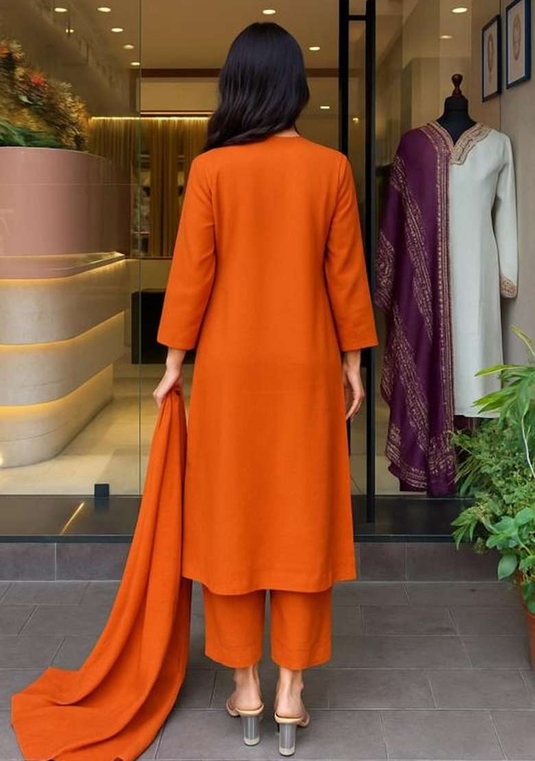 Orange Embroidery Rayon Kurti Set  - Indya