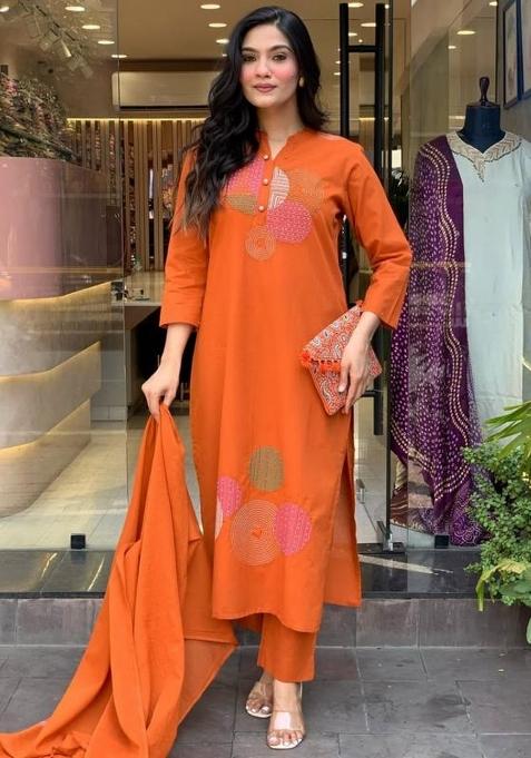 Orange Embroidery Rayon Kurti Set 