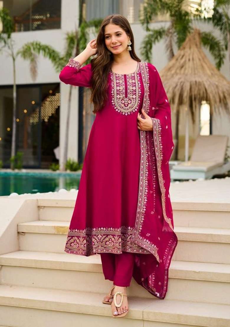 Rani Pink Embroidery Vichitra Kurti Set  - Indya