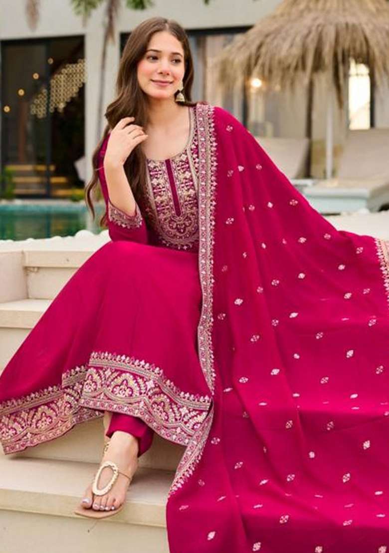 Rani Pink Embroidery Vichitra Kurti Set  - Indya
