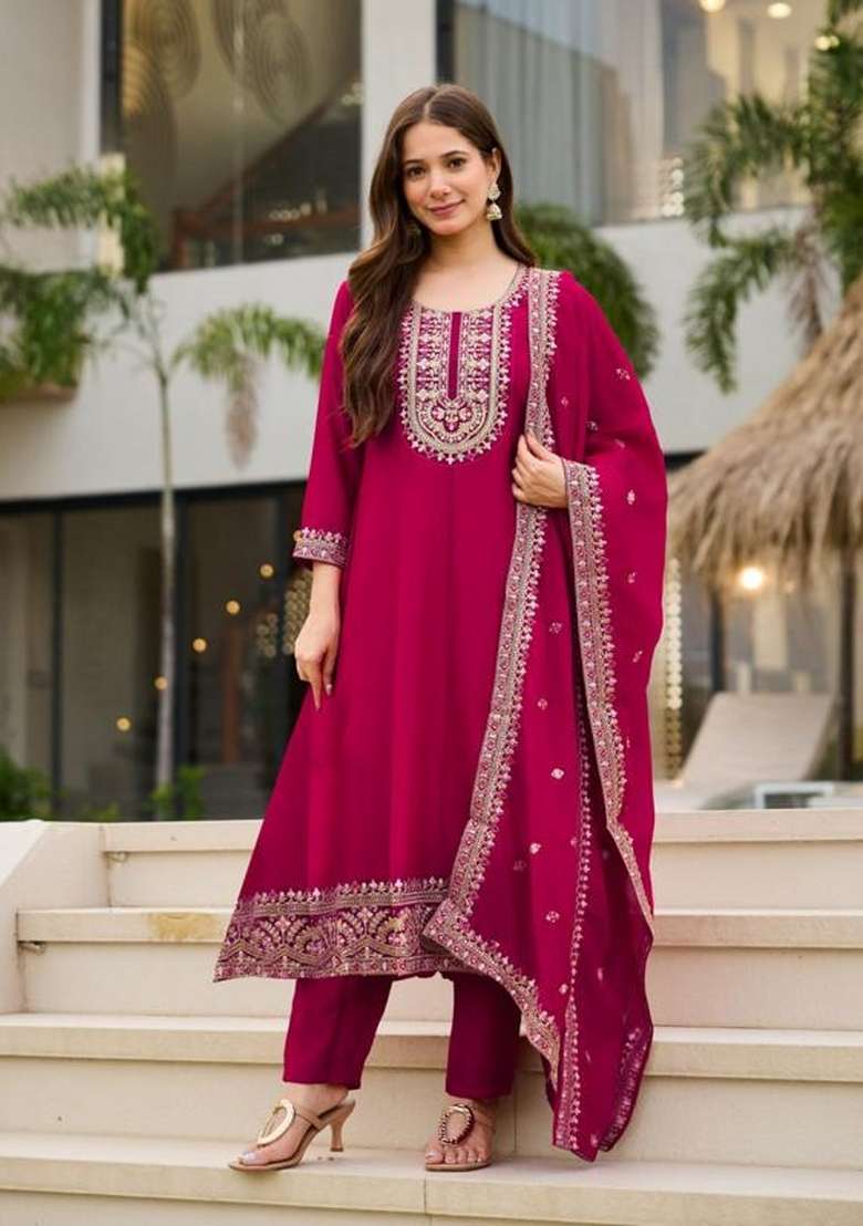 Rani Pink Embroidery Vichitra Kurti Set  - Indya