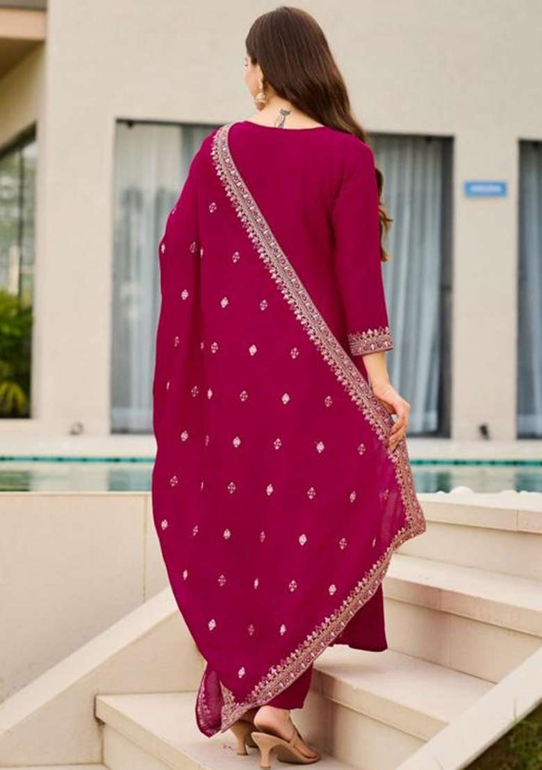 Rani Pink Embroidery Vichitra Kurti Set  - Indya